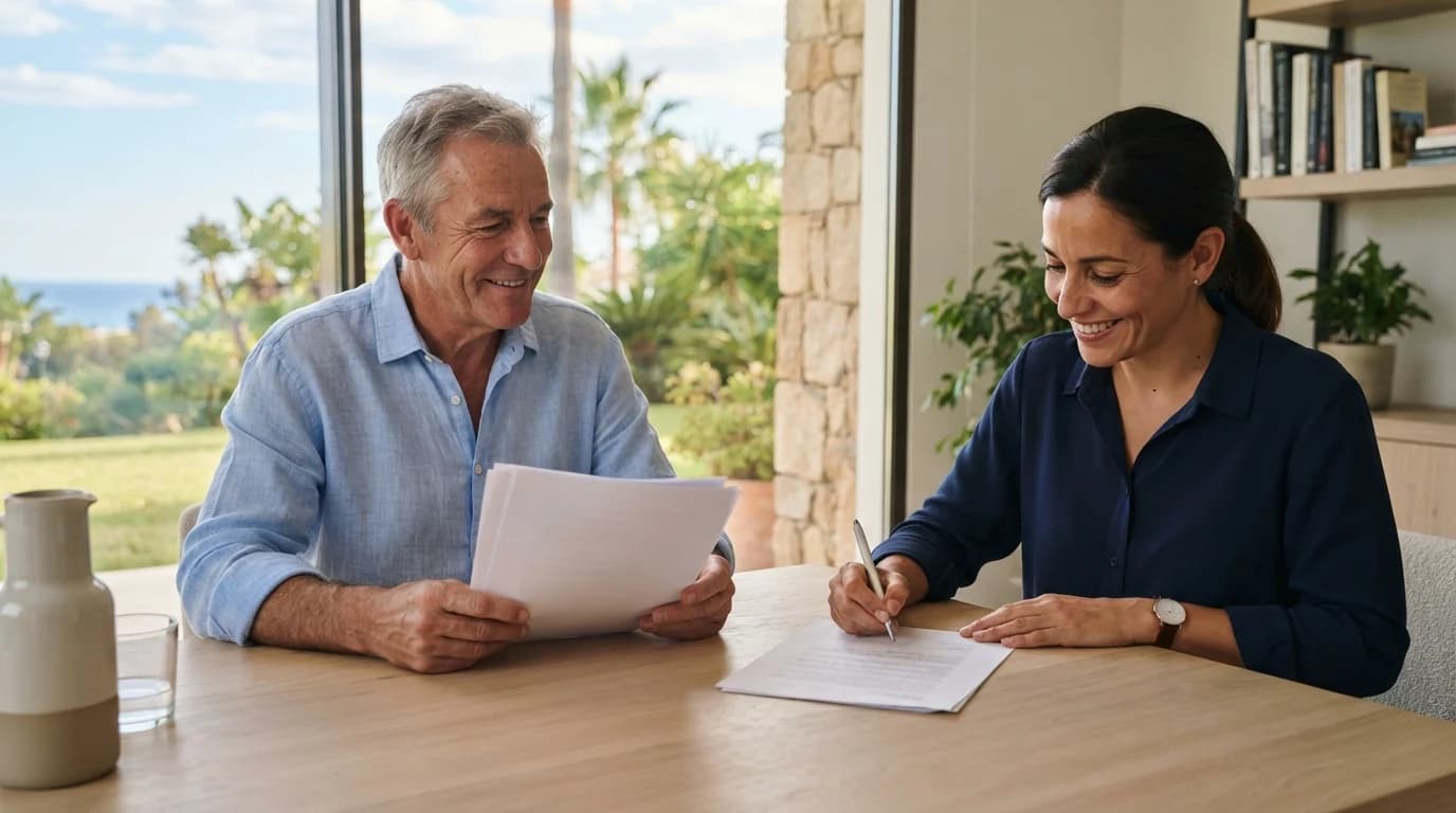 A live-in housekeeper signs her contract with her British employer in the study of a Marbella villa