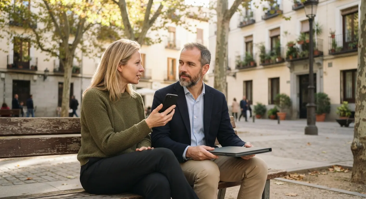 An expat couple check their NIE appointment on a phone from a bench in a leafy Madrid square