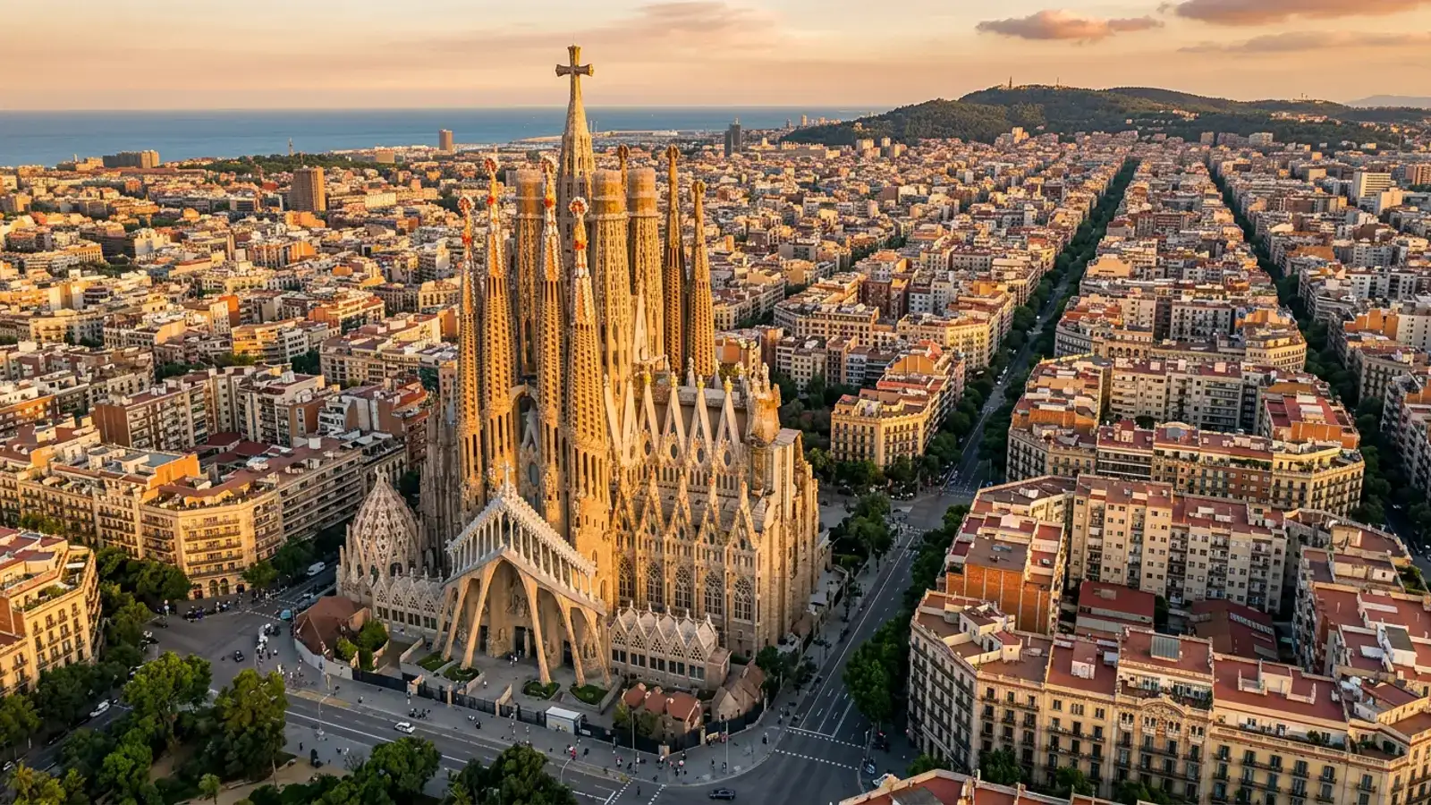 Aerial view of the Sagrada Família and the Eixample in Barcelona