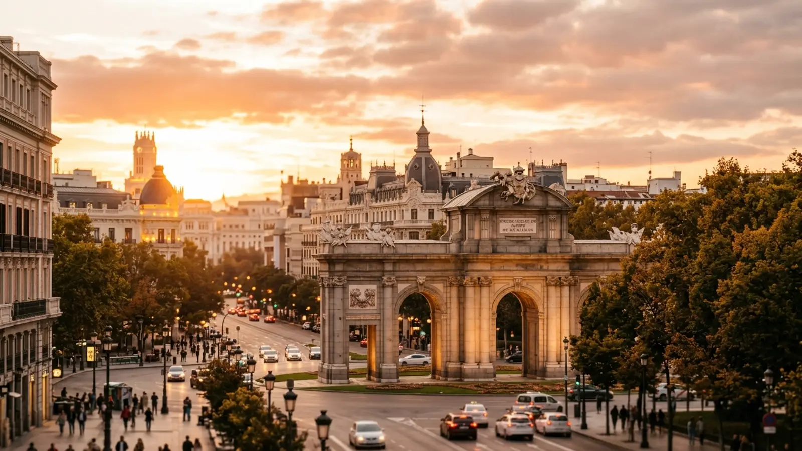 The Puerta de Alcalá in Madrid at sunset