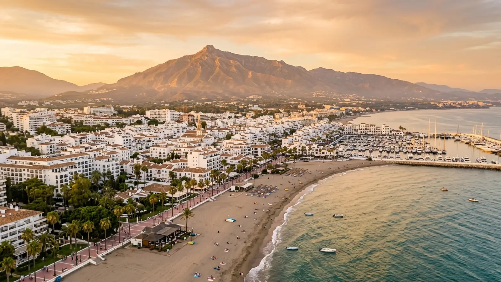 Puerto Banús and La Concha mountain in Marbella at sunset