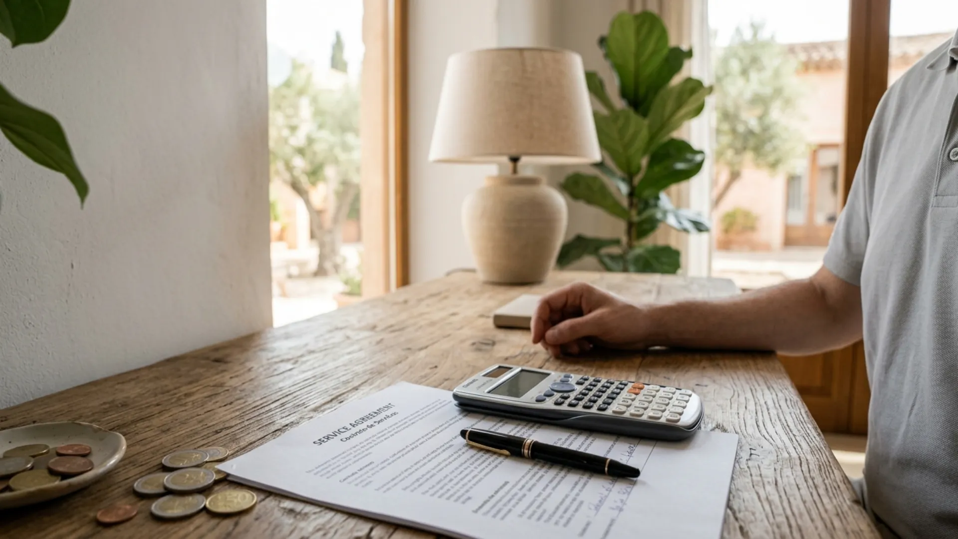 Service agreement, calculator and pen on a wooden table