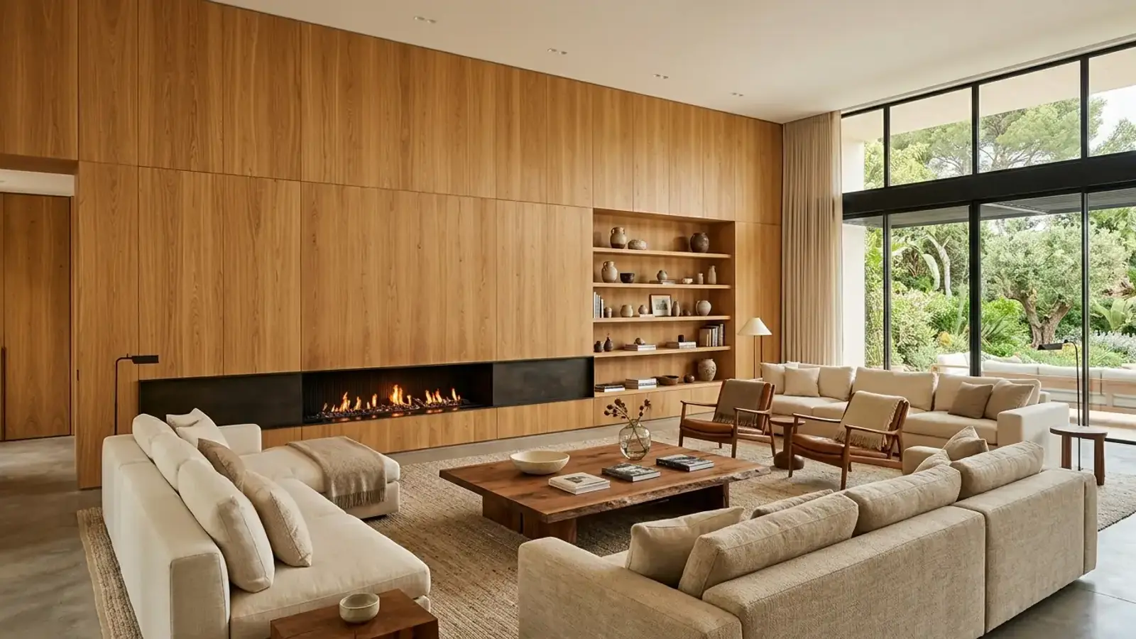 Salón con pared de madera, chimenea y ventanales al jardín