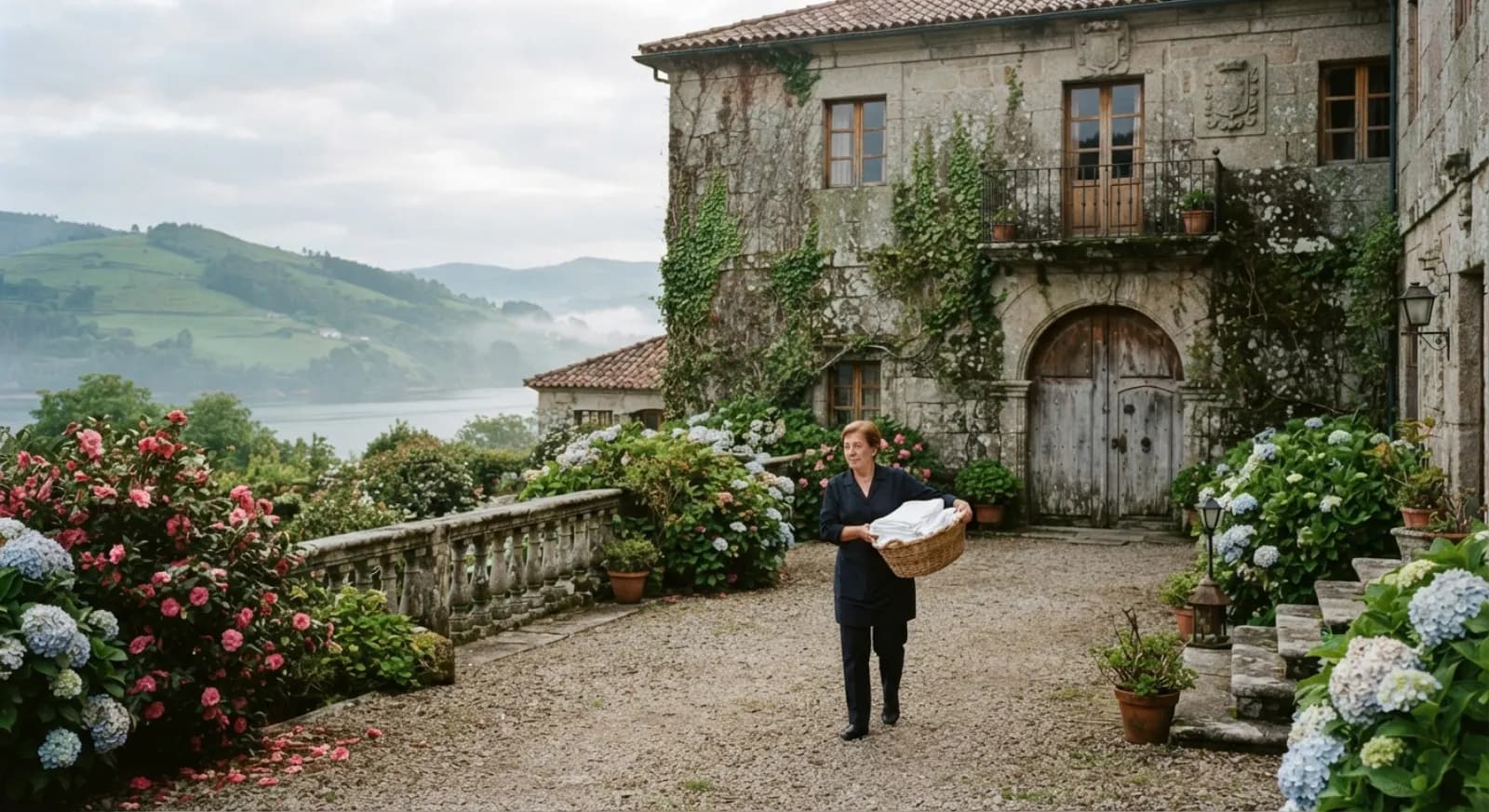 Casa de piedra de una finca rural entre hortensias, con una empleada que lleva un cesto de ropa