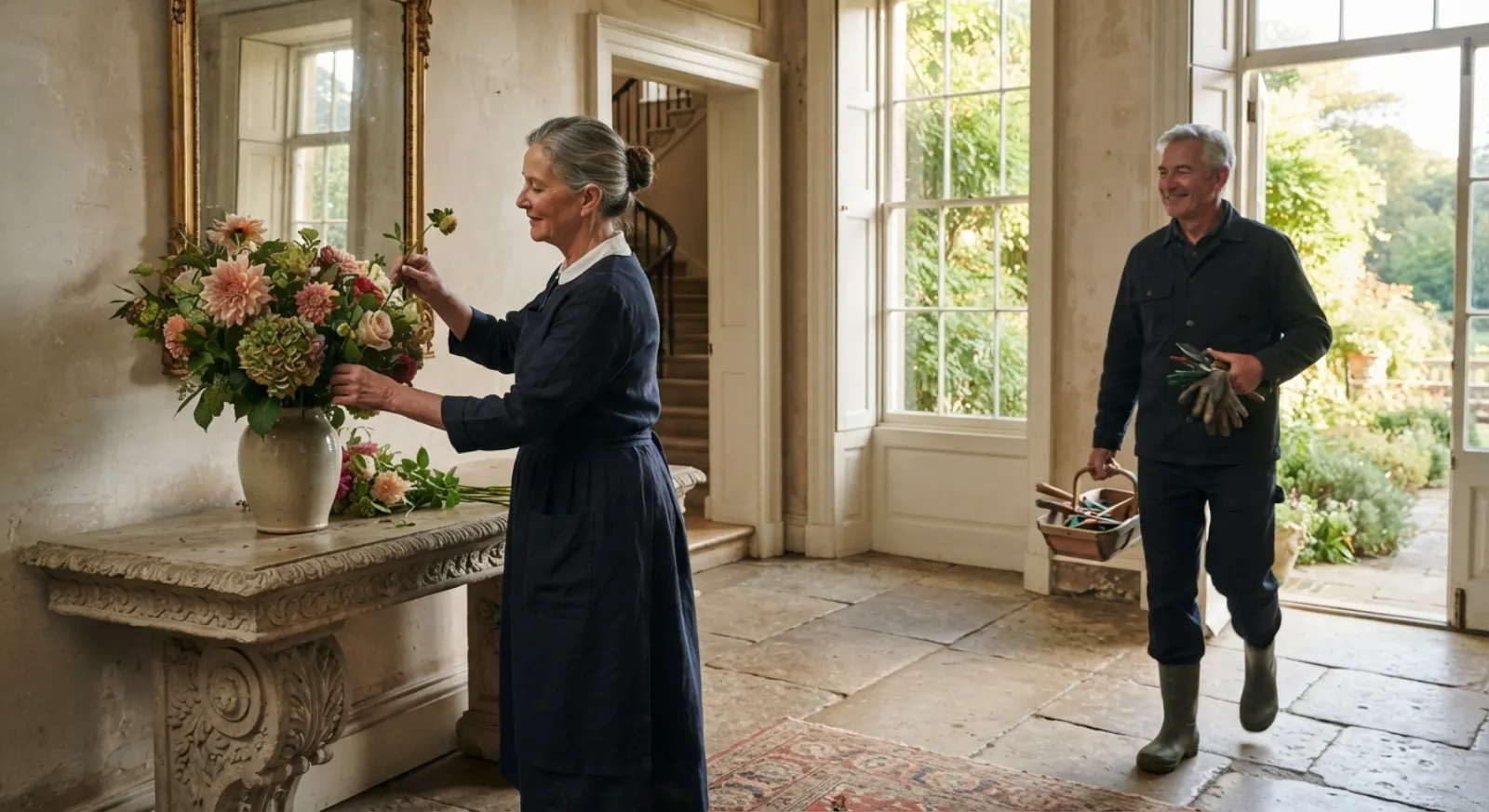 A housekeeper arranging flowers in the hall of a country house while her husband comes in from the garden with the tool basket
