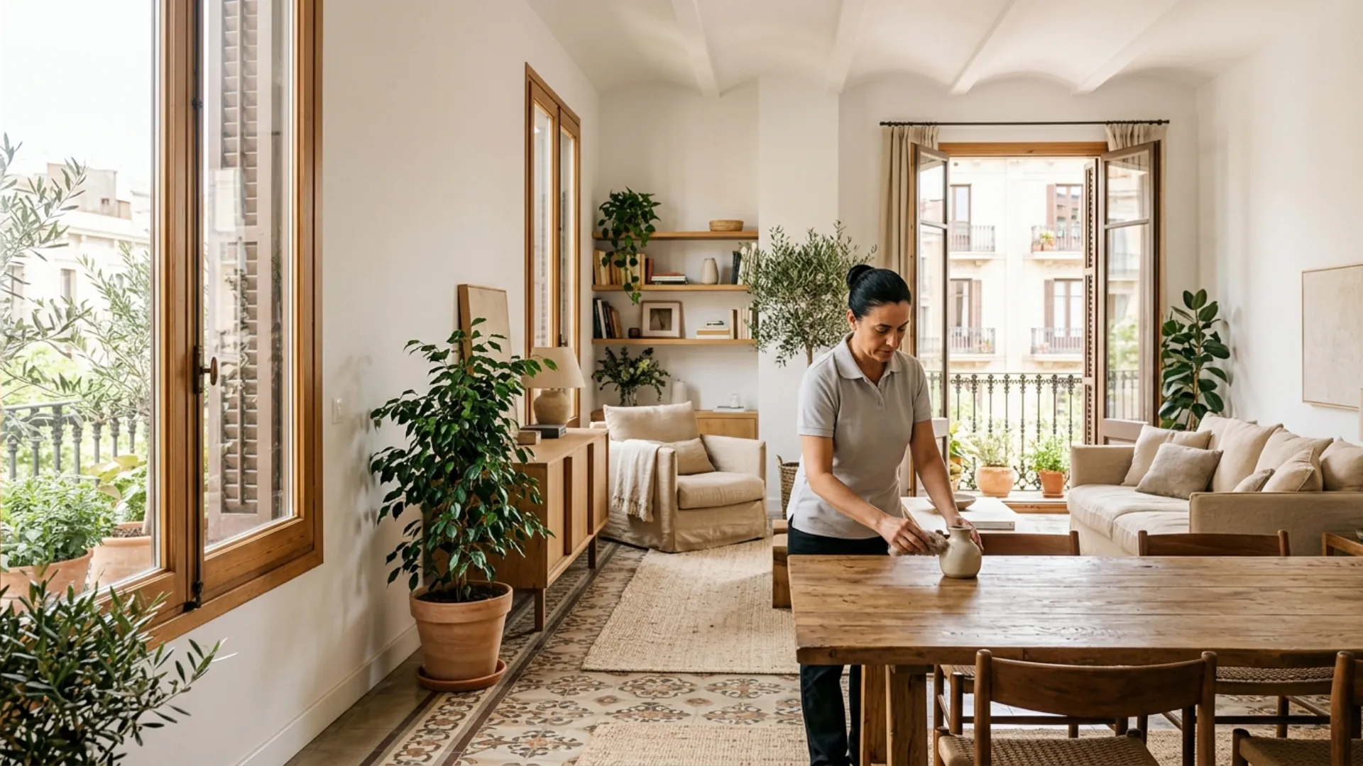 Housekeeper tidying the dining table