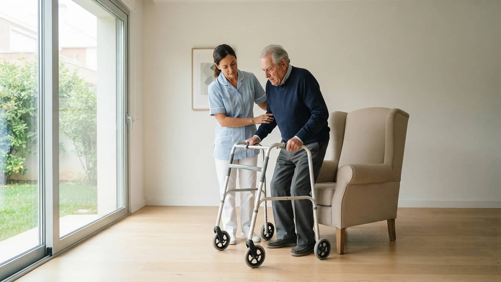 Carer helping an elderly man rise from his armchair onto a walking frame in a bright living room