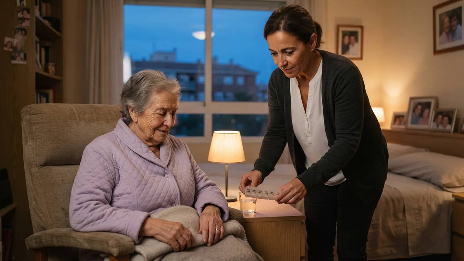 Live-in carer setting out the evening medication by an elderly lady's bedside