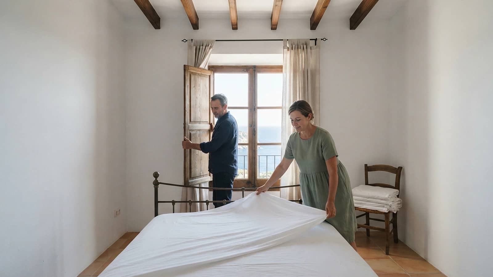 Pareja de servicio abriendo una casa junto al mar para la temporada: él abre las contraventanas y ella extiende una sábana limpia sobre la cama