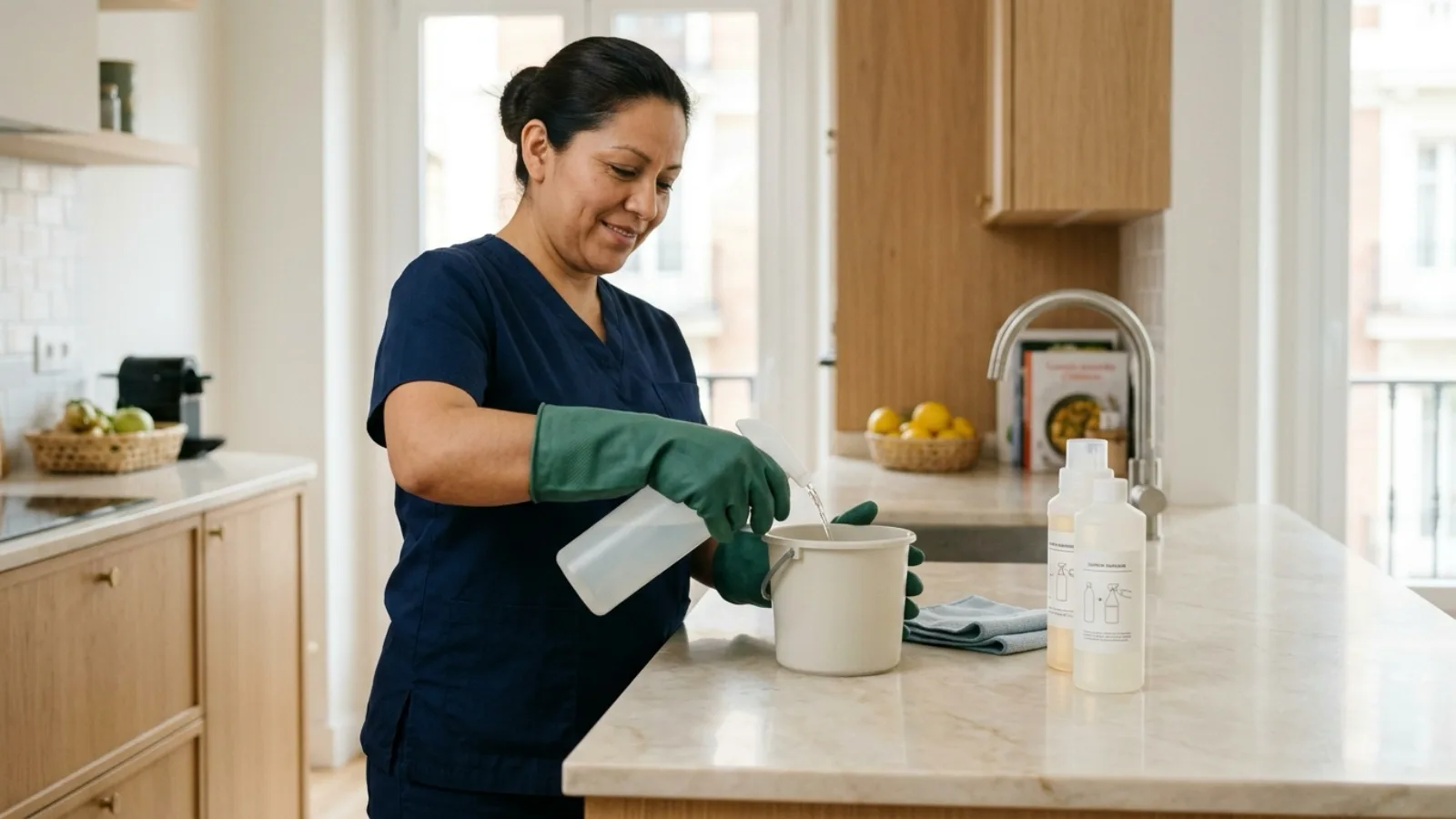Empleada del hogar trabajando con guantes y productos de limpieza en condiciones seguras