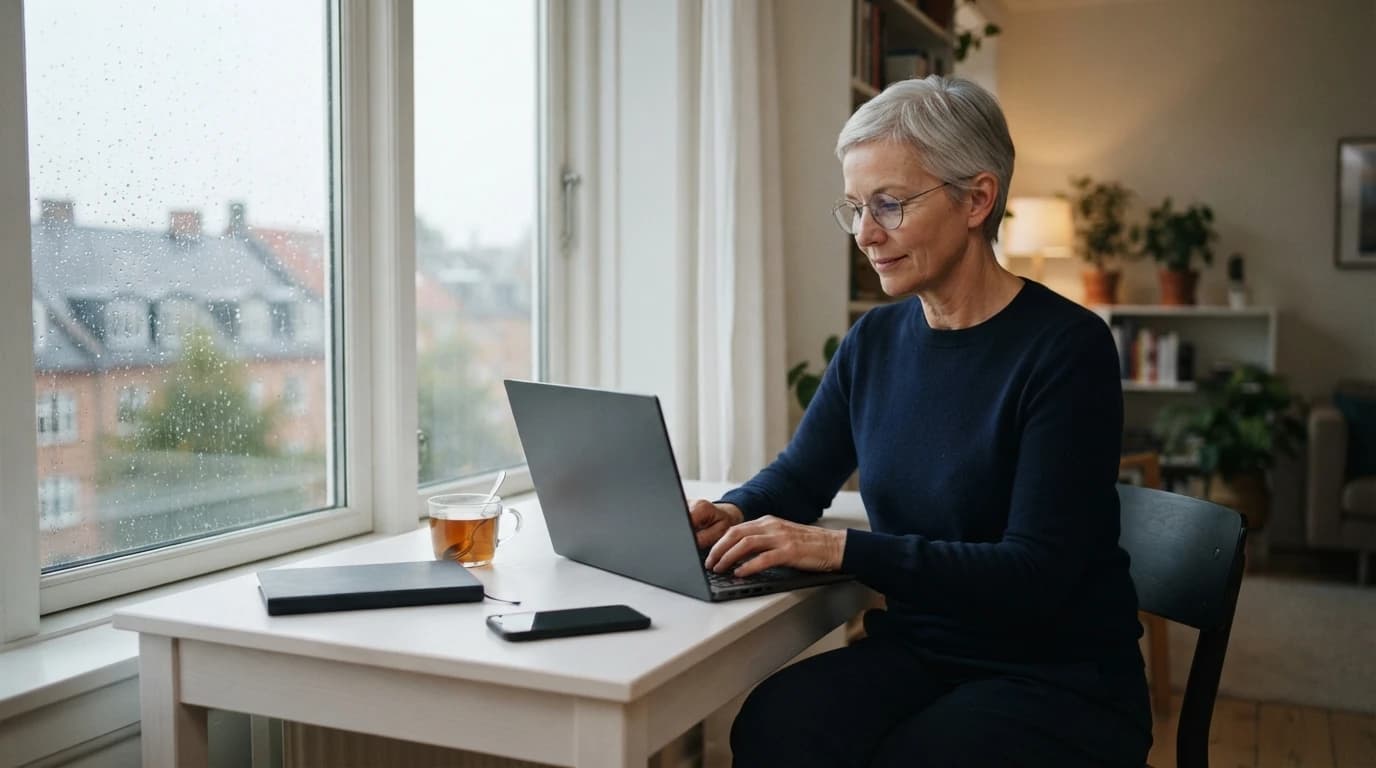 A non-resident employer registers her housekeeper with Spanish Social Security from her flat abroad on a rainy day